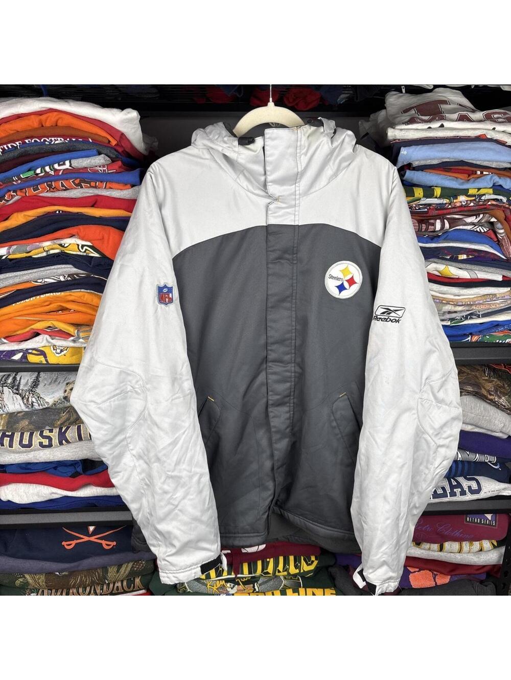 Vintage Y2K Pittsburgh Steelers Reebok NFL Hooded Jacket Gray Yellow Sz L